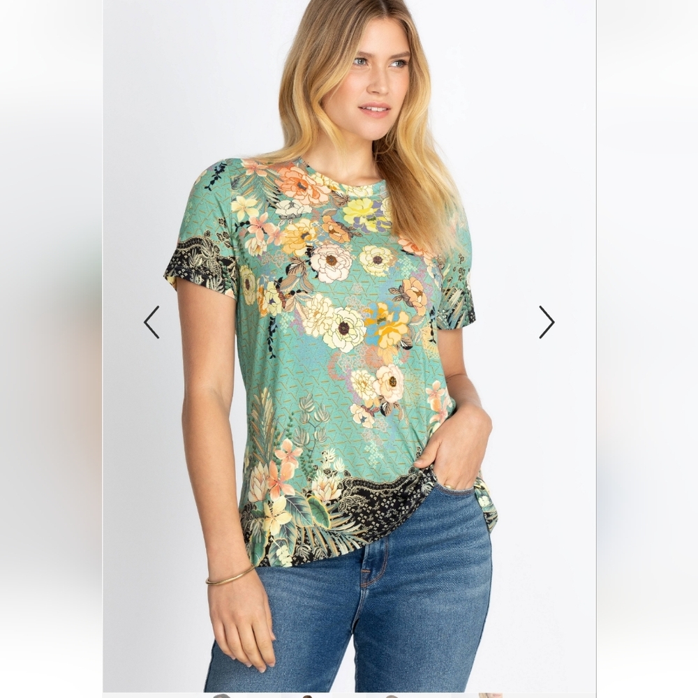Johnny Was Millay Floral Print Crew Neck Short Sleeve Knit Jersey T-Shirt XL